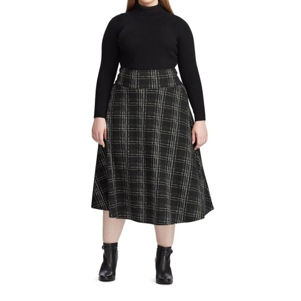 CHAPS Woman Ralph Lauren A Line Midi Skirt 4X Black Plaid Stretch Pull On NWT